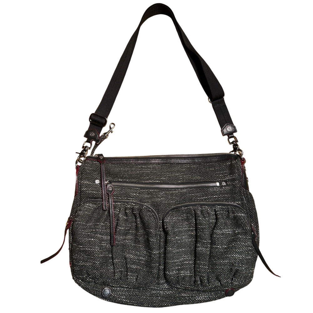 MZ Wallace Tweed Leather Trim Shoulder Crossbody Bag Black Gray 15" W x 12"‎ H